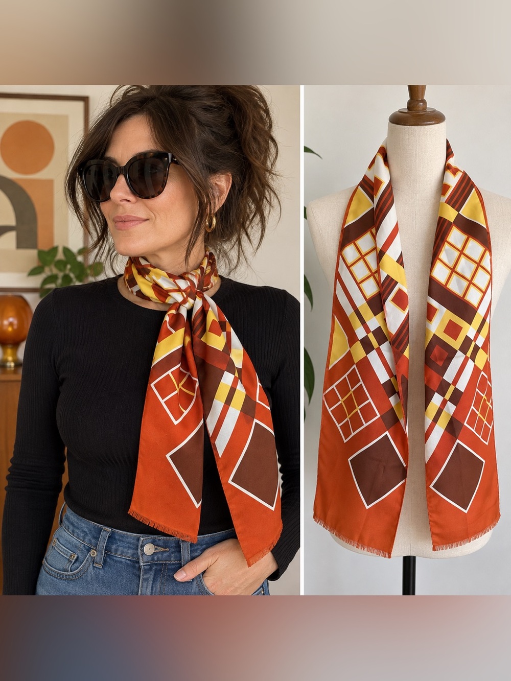 Vintage Italian Geometric Scarf Rust Orange Brown Mustard Retro Monique Martin